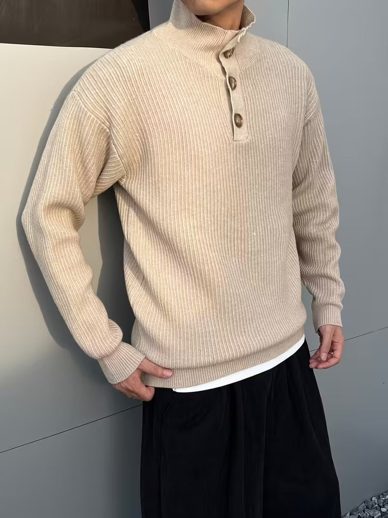 Men's Ribbed Knit Sweater with Stand Collar