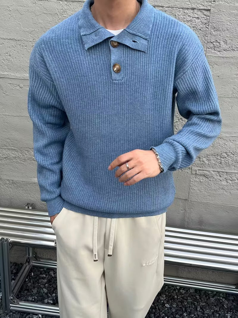 Men's Ribbed Knit Sweater with Stand Collar