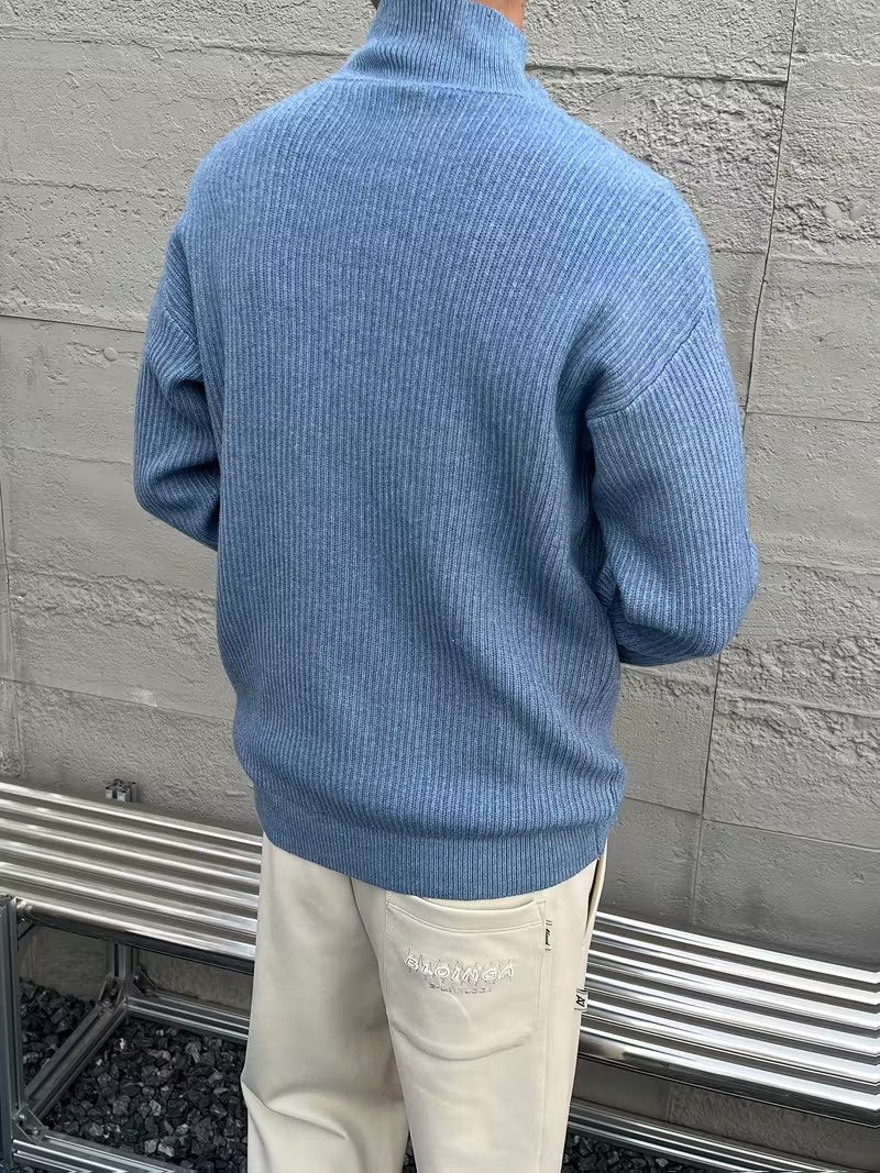 Men's Ribbed Knit Sweater with Stand Collar