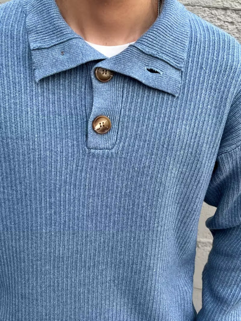 Men's Ribbed Knit Sweater with Stand Collar