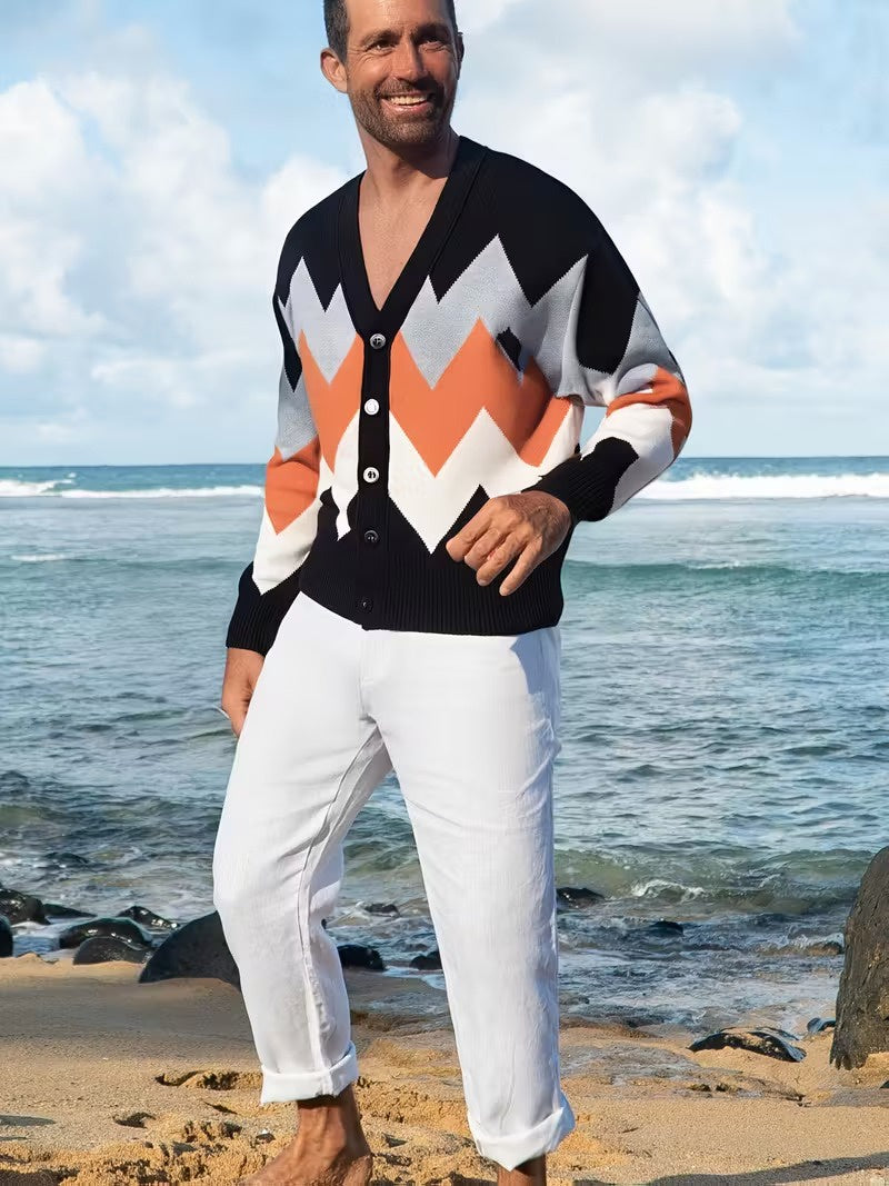 Men's V-Neck Cardigan with Zigzag Pattern