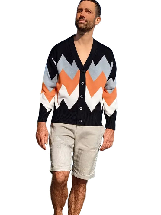 Men's V-Neck Cardigan with Zigzag Pattern