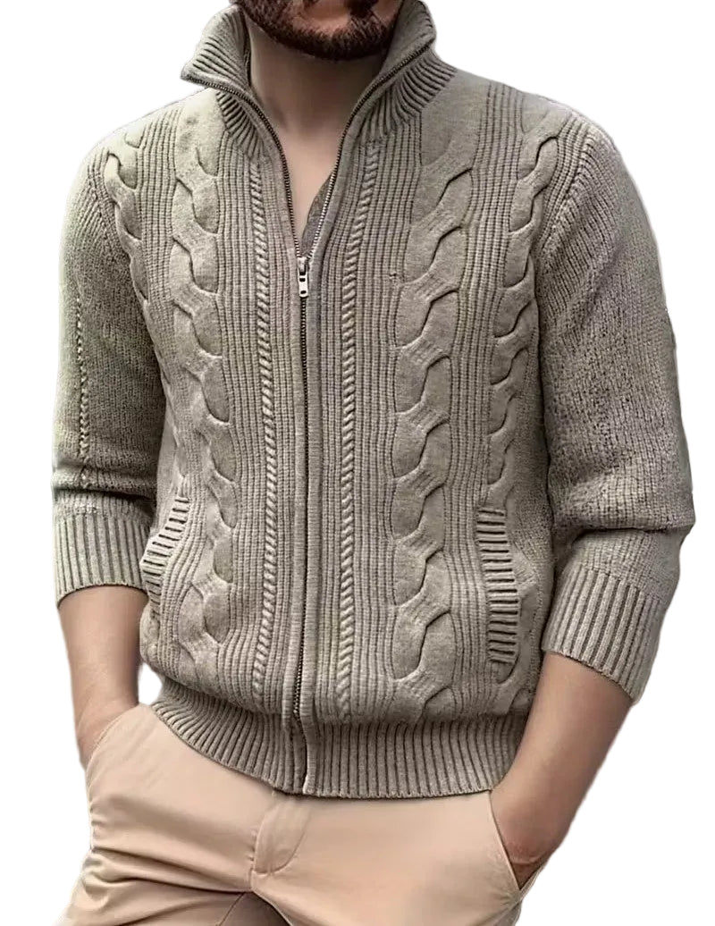 Men's Zip-Up Cardigan with Cable-Knit Pattern