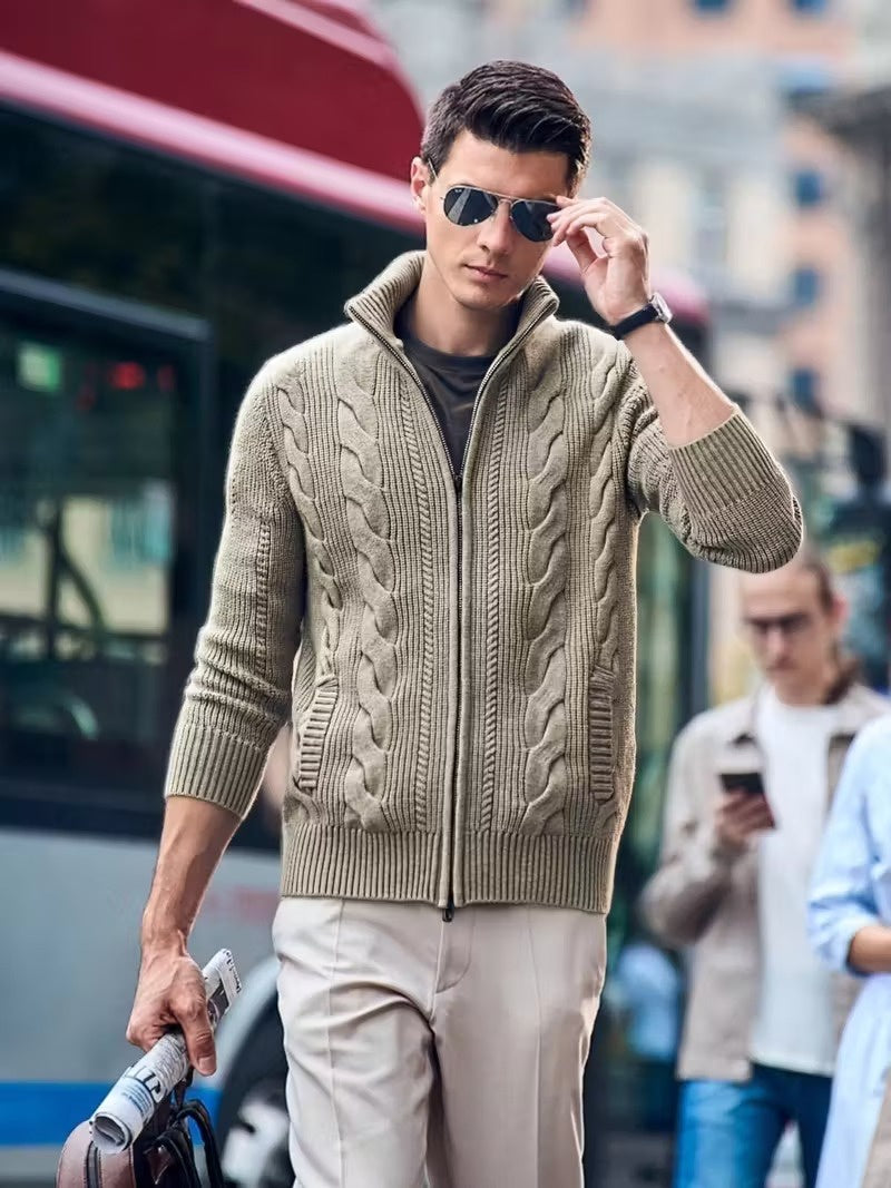 Men's Zip-Up Cardigan with Cable-Knit Pattern