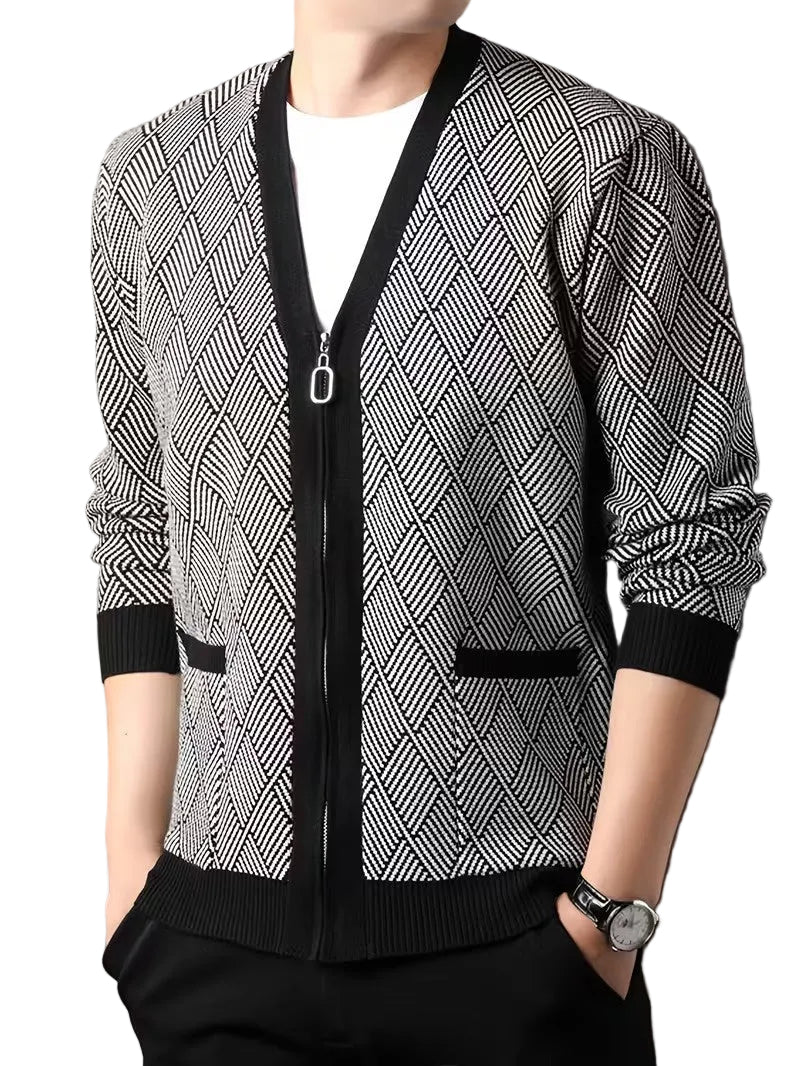 Men's Zip-Up Cardigan with Diamond Knit Pattern