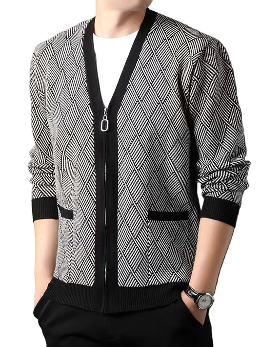 Men's Zip-Up Cardigan with Diamond Knit Pattern