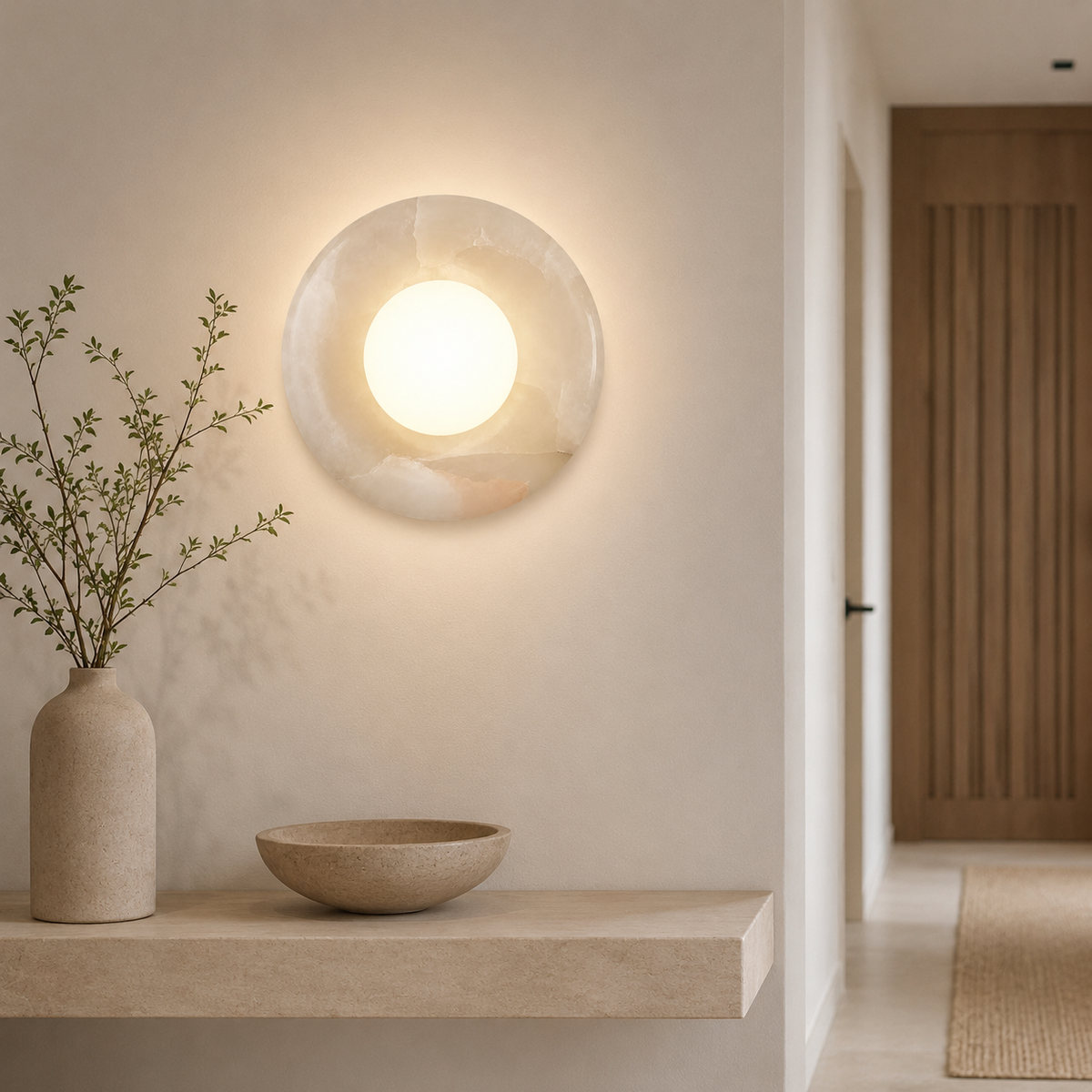 Natural Stone Ring Frosted Glass Globe Round Wall Sconce