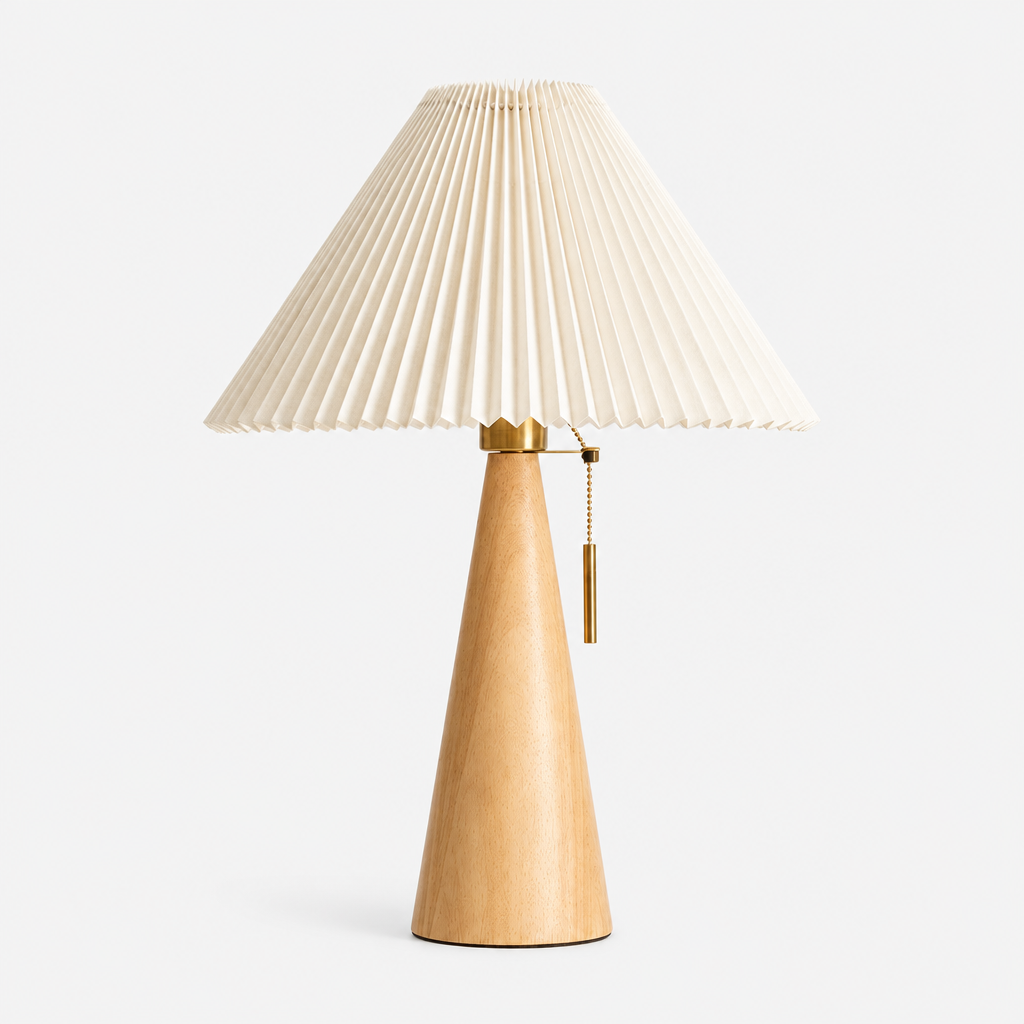 Pleated Fabric Shade Tapered Wood Base Scandinavian Table Lamp