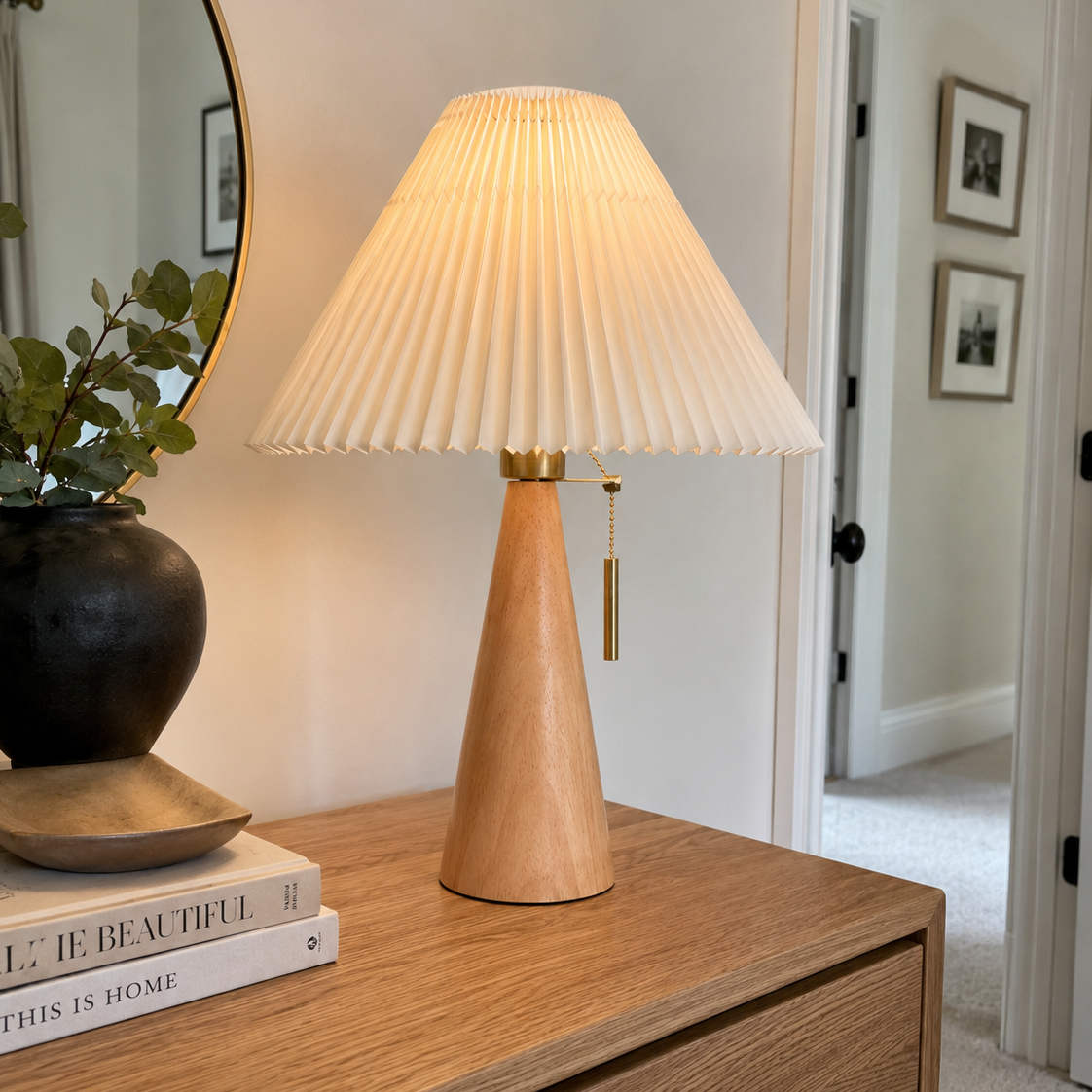 Pleated Fabric Shade Tapered Wood Base Scandinavian Table Lamp