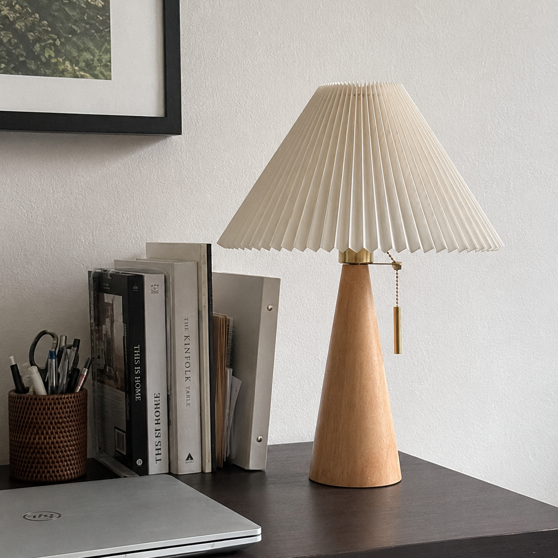 Pleated Fabric Shade Tapered Wood Base Scandinavian Table Lamp