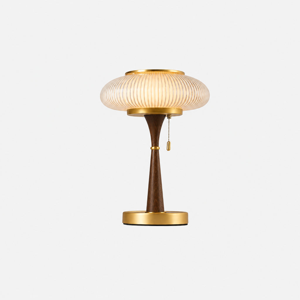 Ribbed Glass Mushroom Table Lamp Wood Stem Japandi Retro