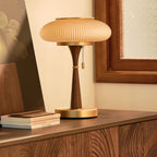 Ribbed Glass Mushroom Table Lamp Wood Stem Japandi Retro