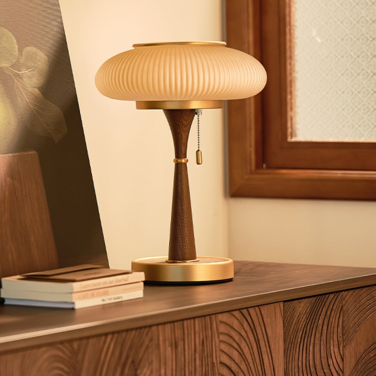 Ribbed Glass Mushroom Table Lamp Wood Stem Japandi Retro