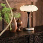 Ribbed Glass Mushroom Table Lamp Wood Stem Japandi Retro