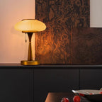 Ribbed Glass Mushroom Table Lamp Wood Stem Japandi Retro