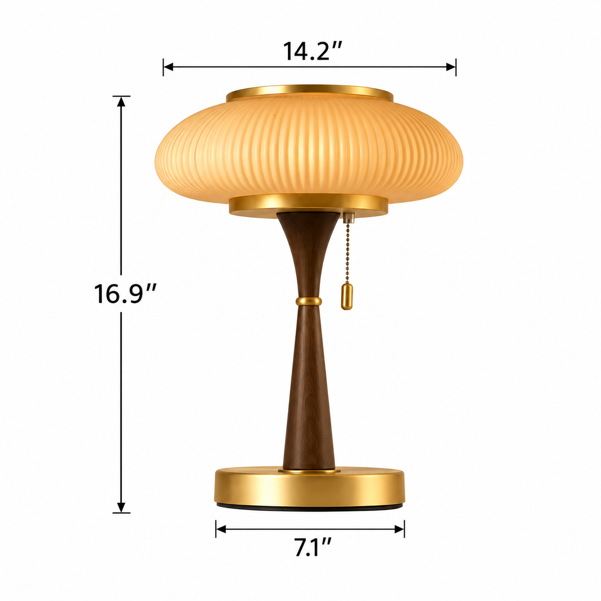 Ribbed Glass Mushroom Table Lamp Wood Stem Japandi Retro