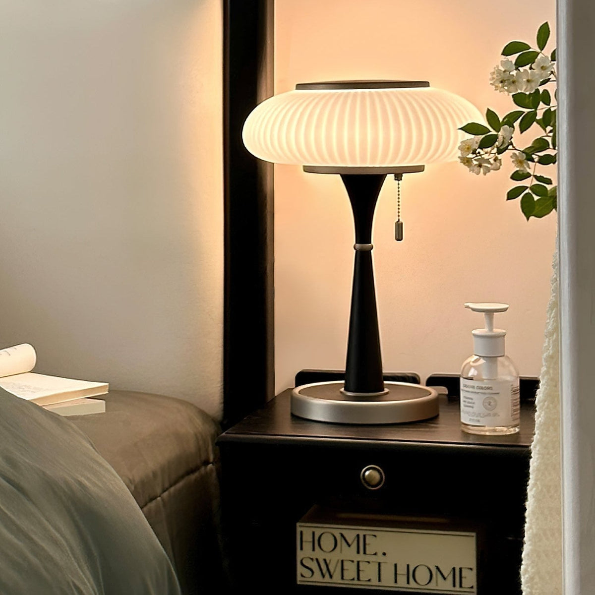 Ribbed Glass Mushroom Table Lamp Wood Stem Japandi Retro