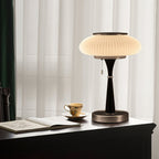 Ribbed Glass Mushroom Table Lamp Wood Stem Japandi Retro
