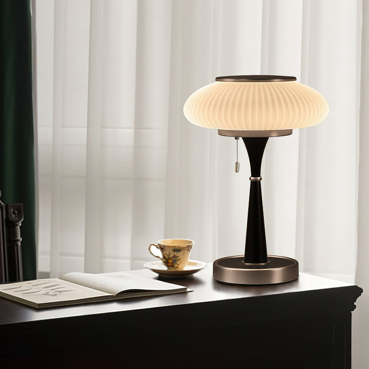 Ribbed Glass Mushroom Table Lamp Wood Stem Japandi Retro