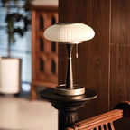 Ribbed Glass Mushroom Table Lamp Wood Stem Japandi Retro
