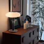 Ribbed Glass Mushroom Table Lamp Wood Stem Japandi Retro