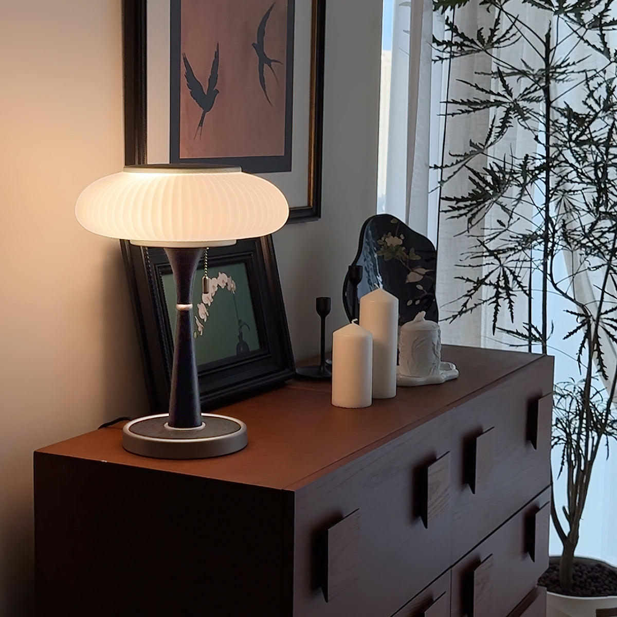 Ribbed Glass Mushroom Table Lamp Wood Stem Japandi Retro