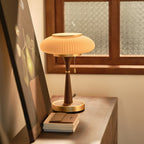 Ribbed Glass Mushroom Table Lamp Wood Stem Japandi Retro