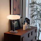 Ribbed Glass Mushroom Table Lamp Wood Stem Japandi Retro