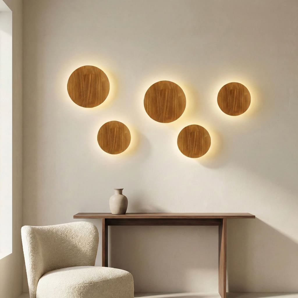 Round Wood LED Wall Sconce Backlit Halo Scandinavian