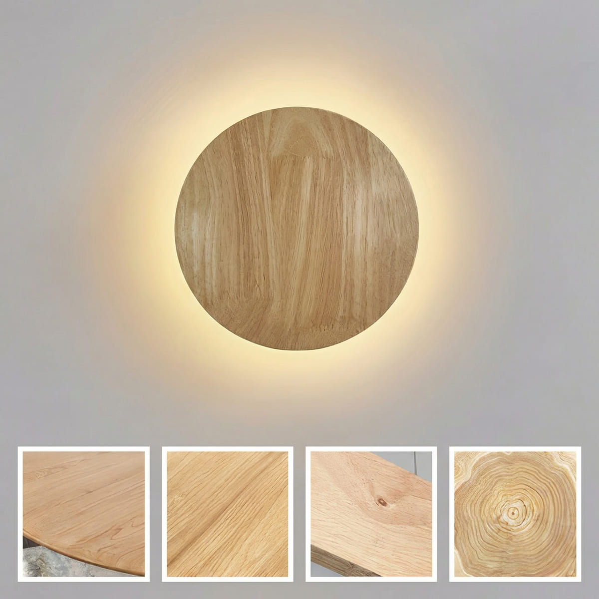 Round Wood LED Wall Sconce Backlit Halo Scandinavian
