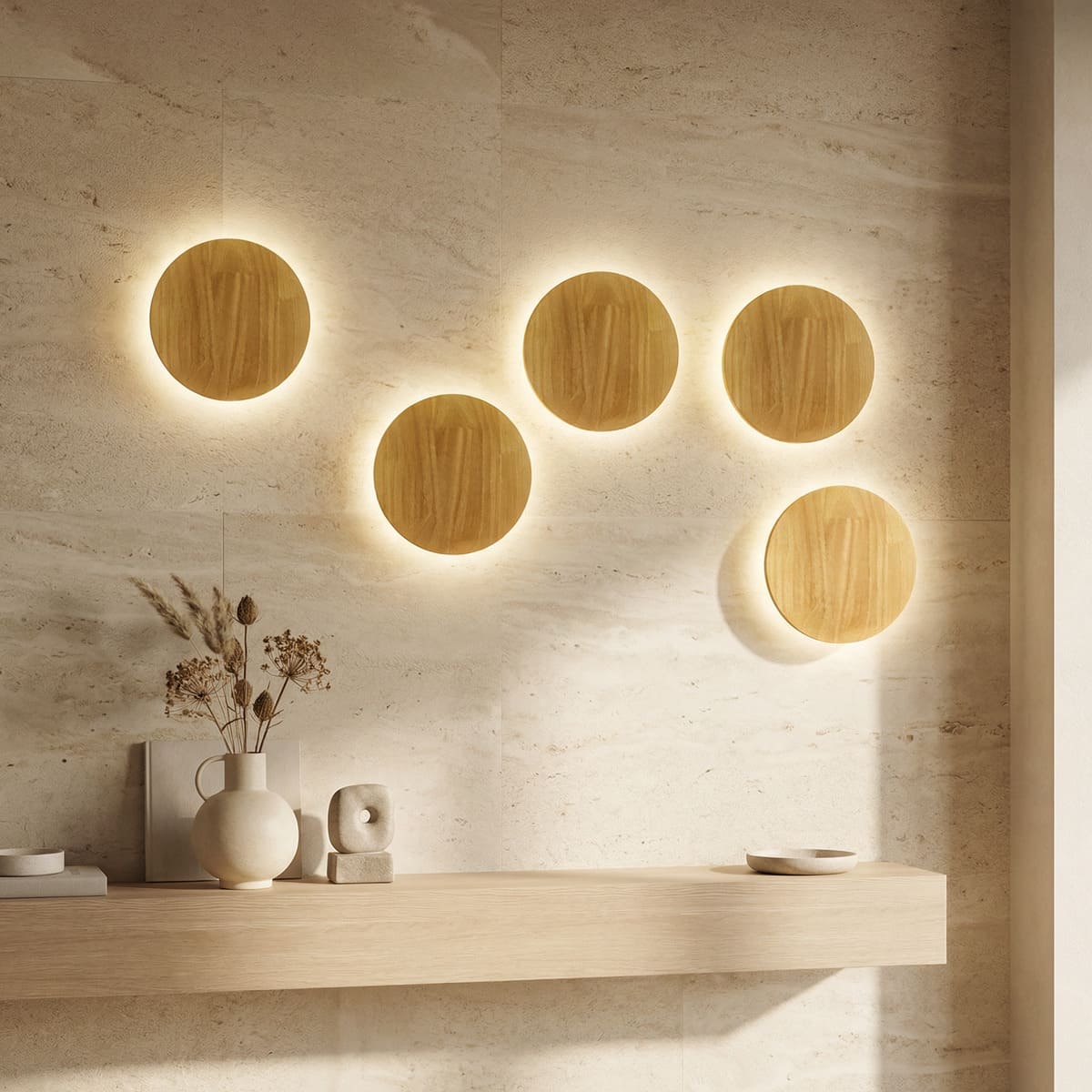Round Wood LED Wall Sconce Backlit Halo Scandinavian