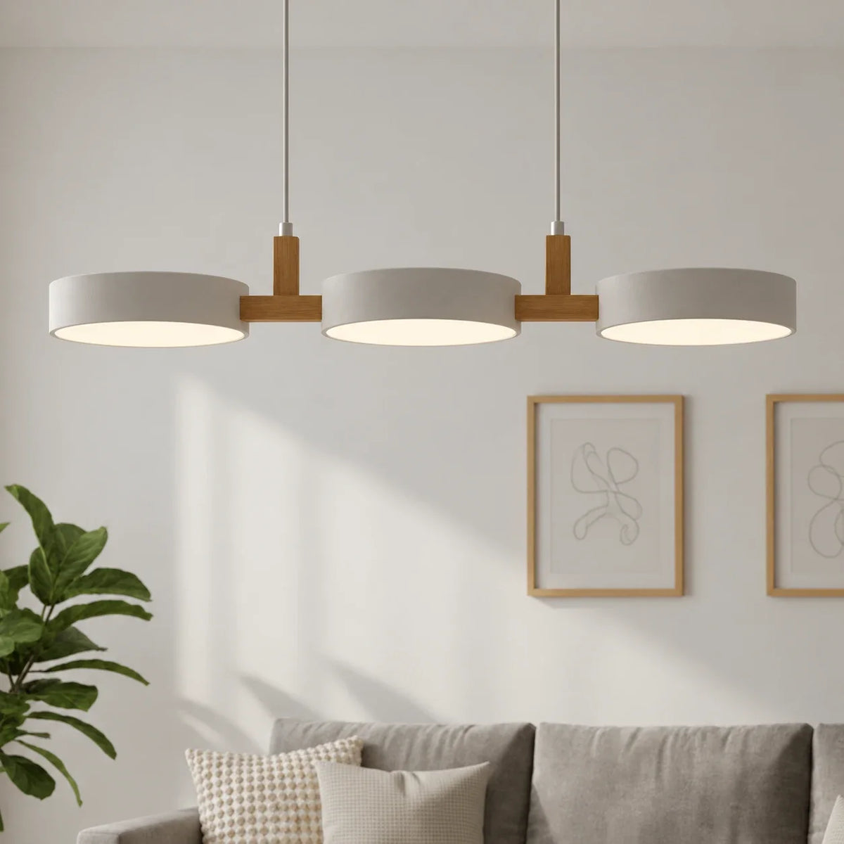 Scandinavian 3-Light Round Disc Wood Accent LED Pendant Light