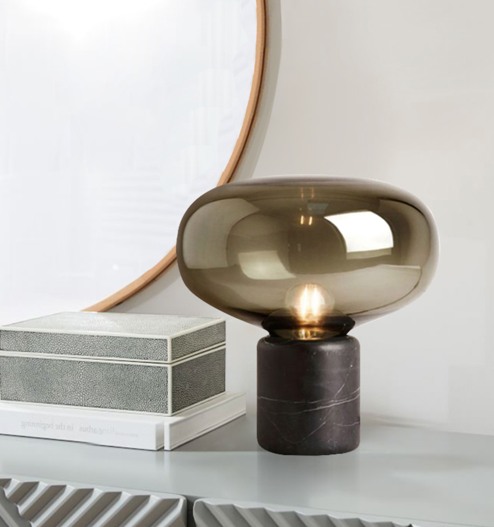 Smoked Glass Mushroom Table Lamp Black Base Modern
