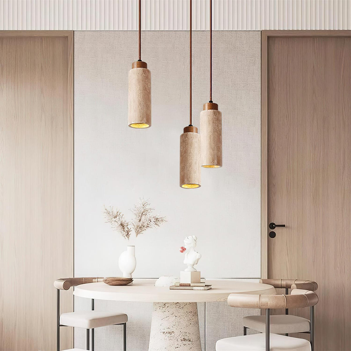 Travertine Cylinder Wood Accent Japandi Pendant Light