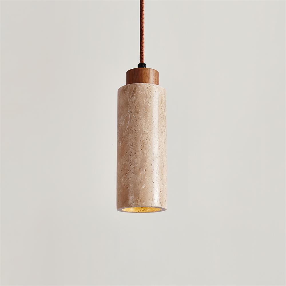 Travertine Cylinder Wood Accent Japandi Pendant Light