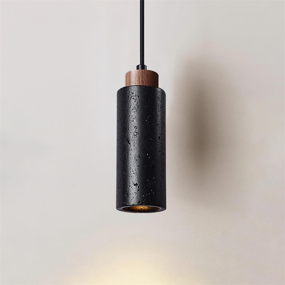 Travertine Cylinder Wood Accent Japandi Pendant Light