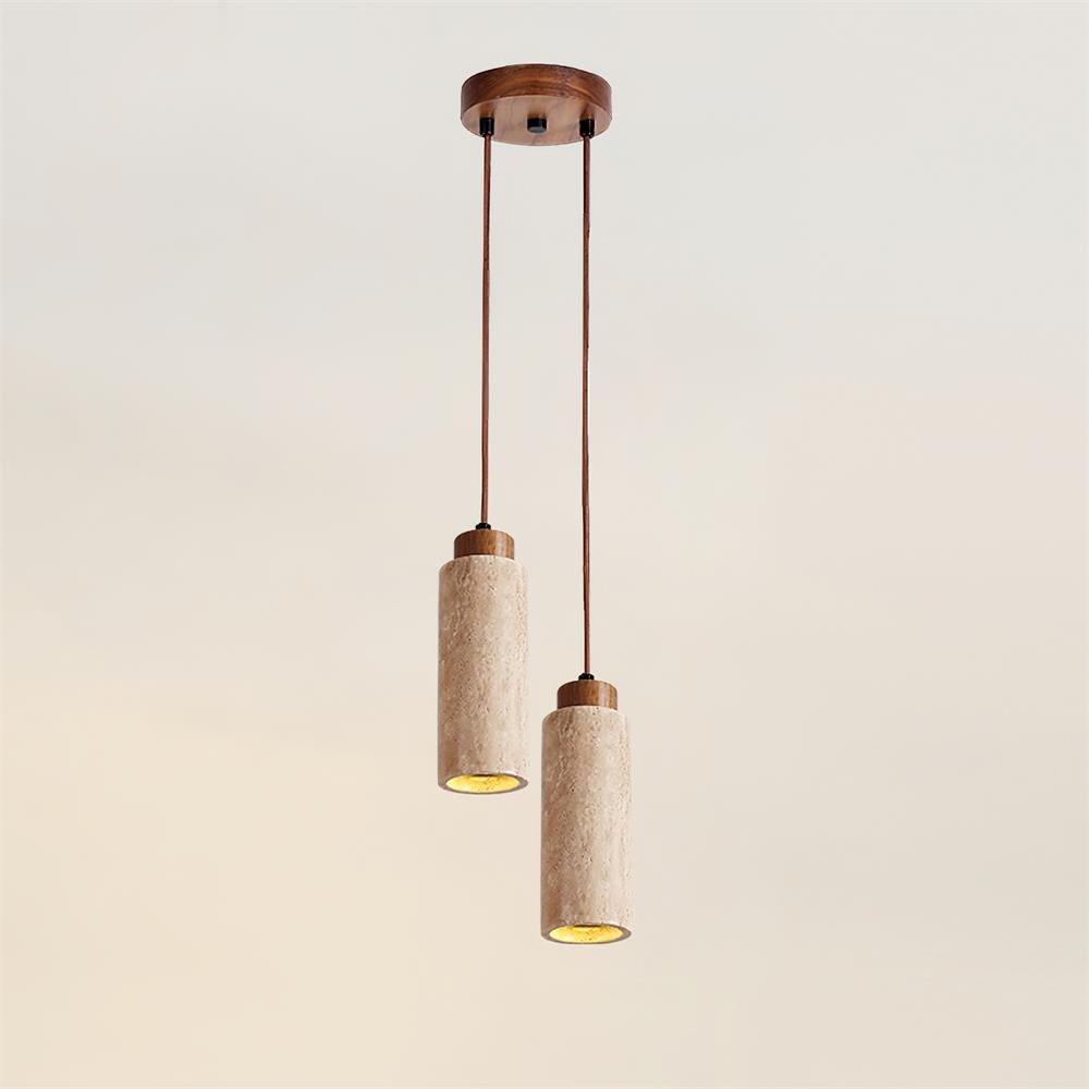 Travertine Cylinder Wood Accent Japandi Pendant Light