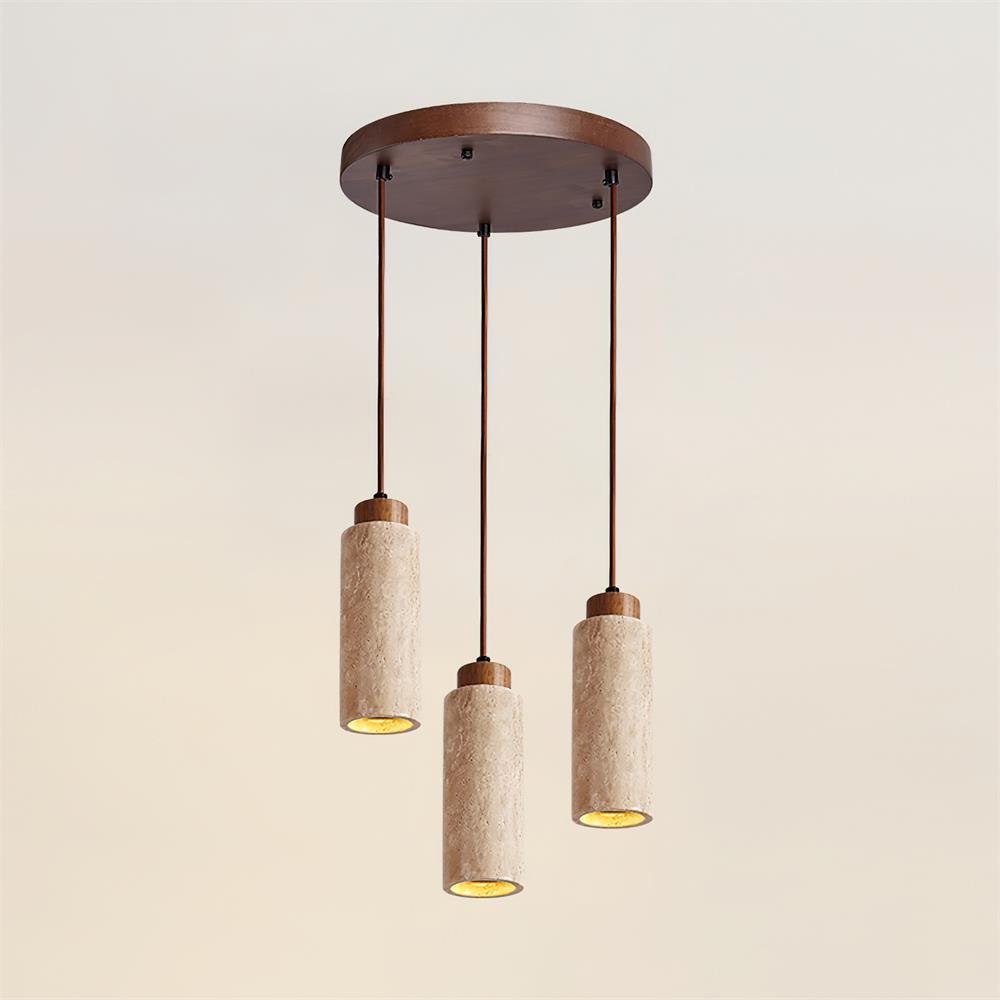 Travertine Cylinder Wood Accent Japandi Pendant Light