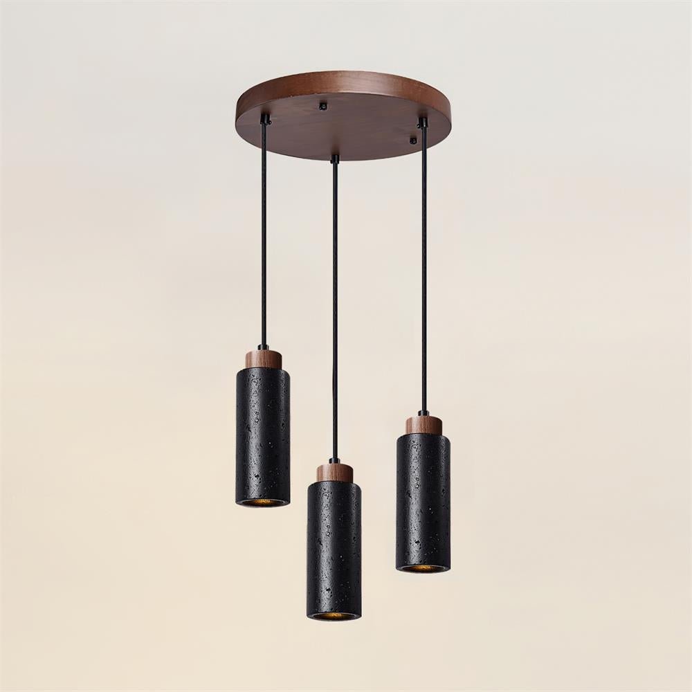 Travertine Cylinder Wood Accent Japandi Pendant Light