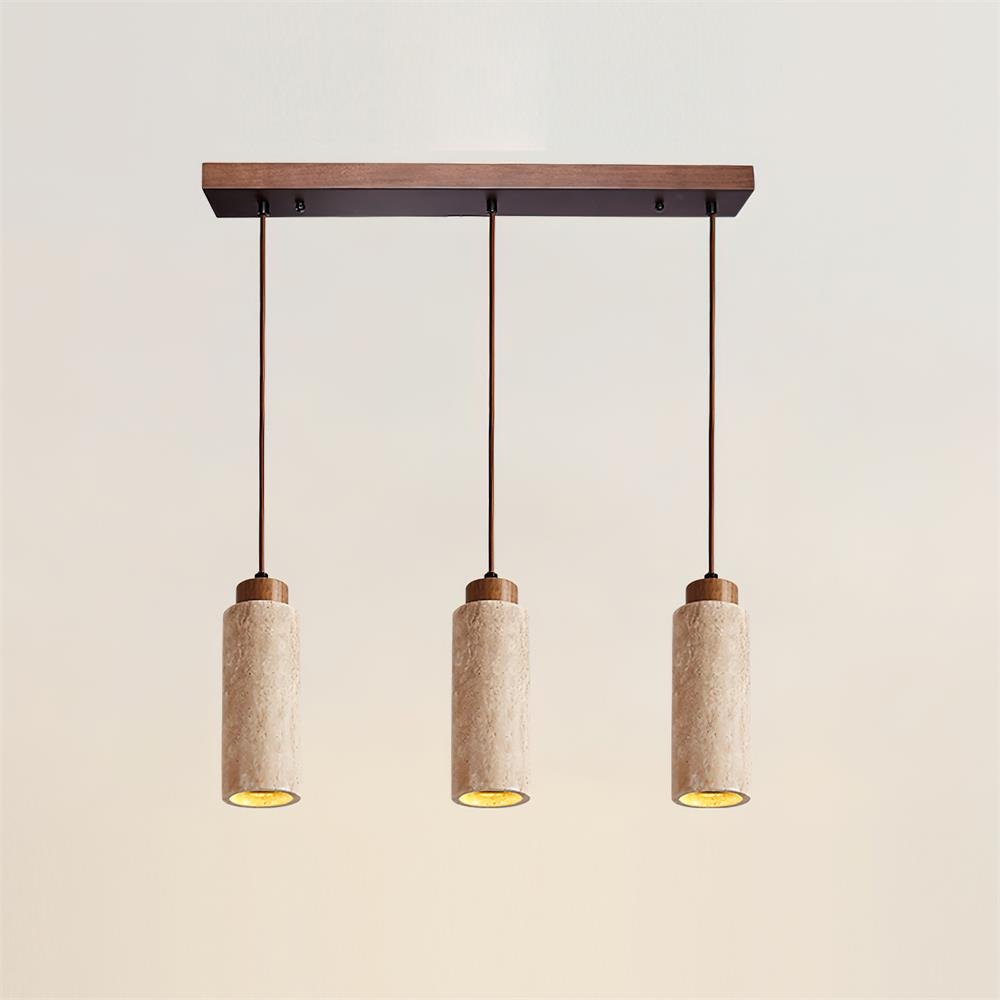 Travertine Cylinder Wood Accent Japandi Pendant Light