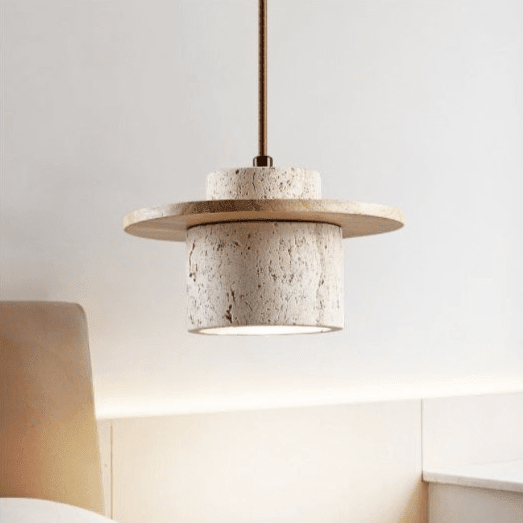 Travertine Wood Disc Brim Minimalist Mini Pendant Light