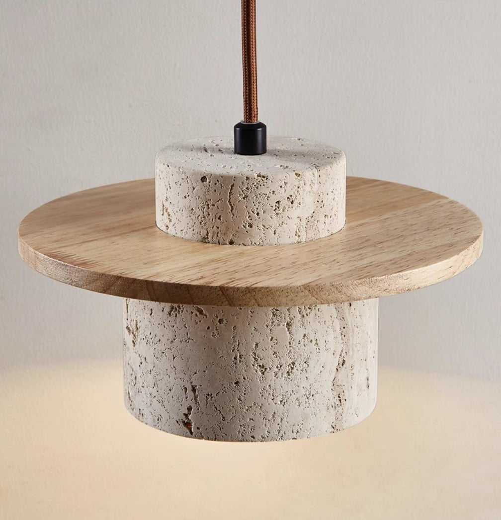 Travertine Wood Disc Brim Minimalist Mini Pendant Light