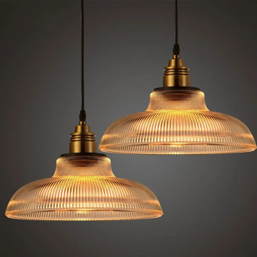 Vintage Ribbed Glass Dome Industrial Pendant Light