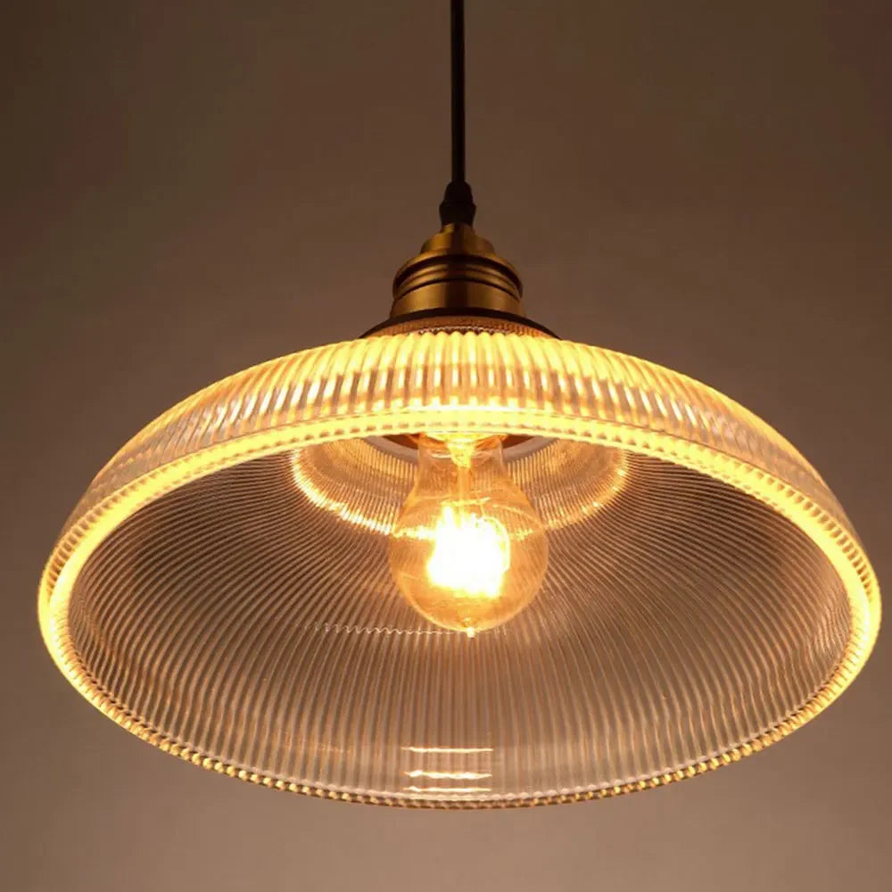 Vintage Ribbed Glass Dome Industrial Pendant Light