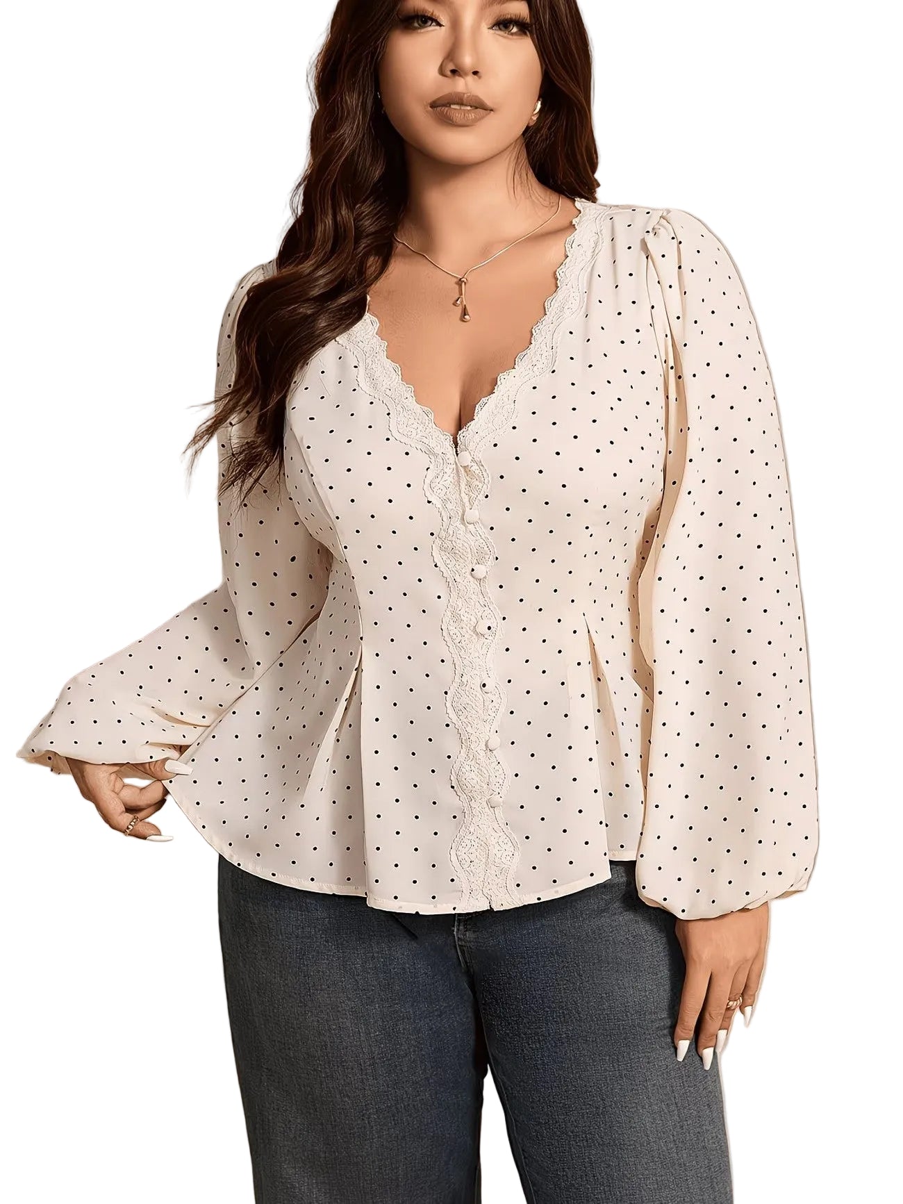 Women's Polka Dot Blouse with Lace Trim