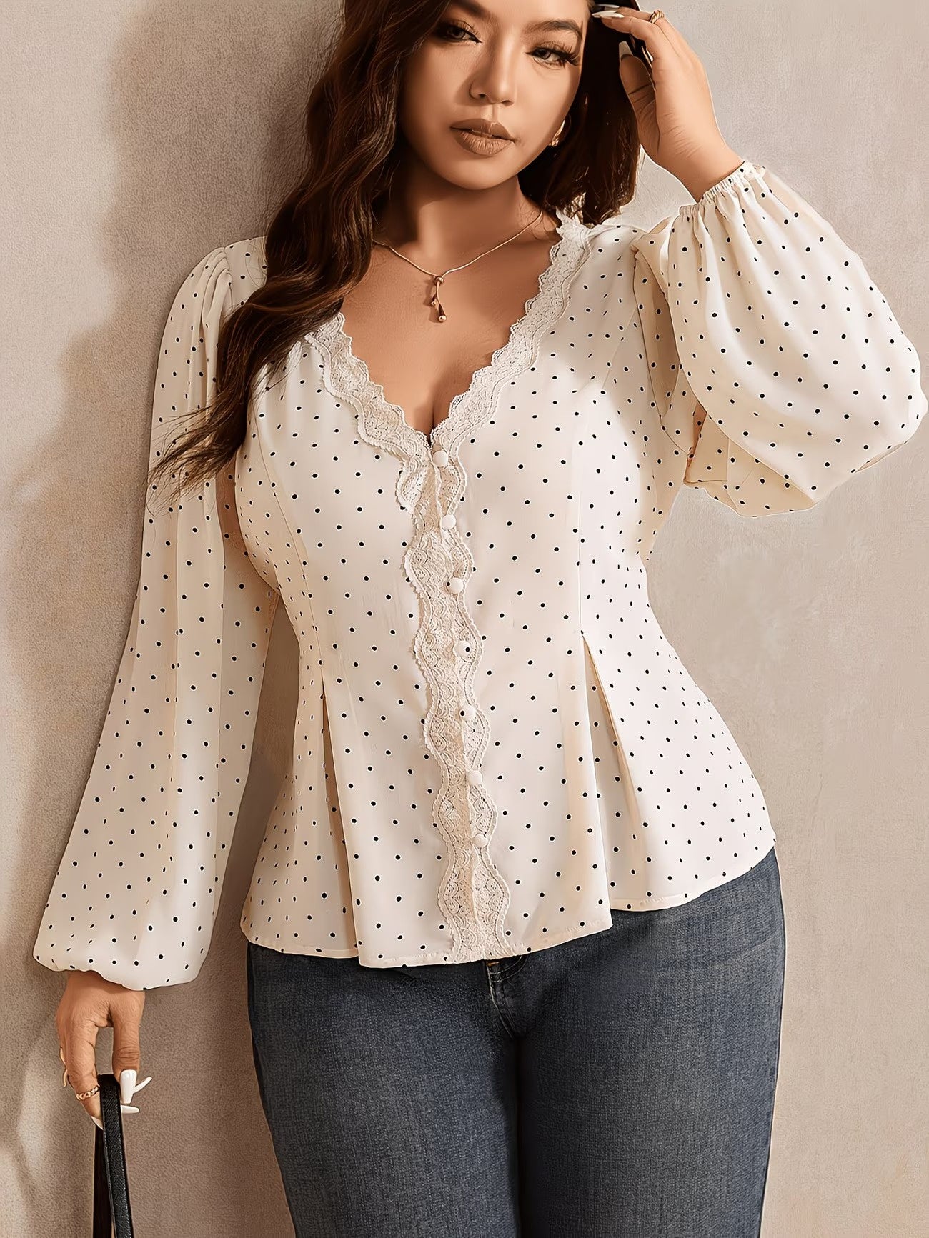 Women's Polka Dot Blouse with Lace Trim