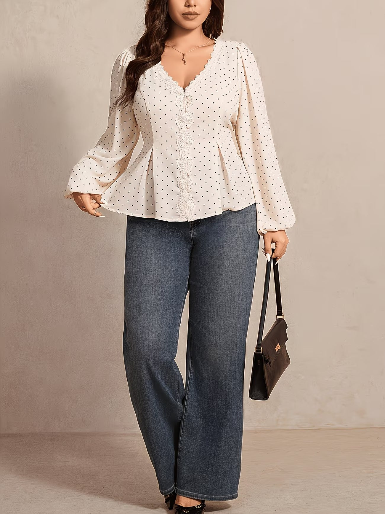 Women's Polka Dot Blouse with Lace Trim